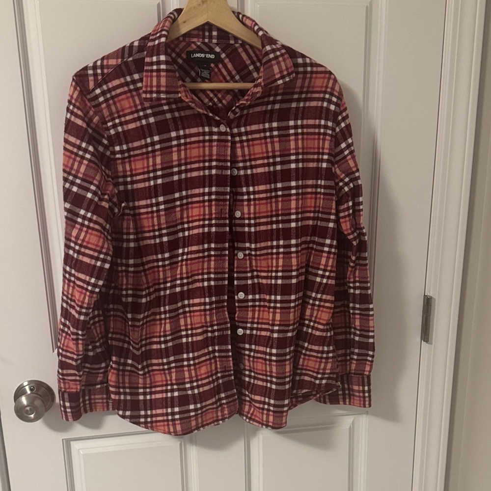 Lands' End Women’s Burgundy and White Flannel Shirt